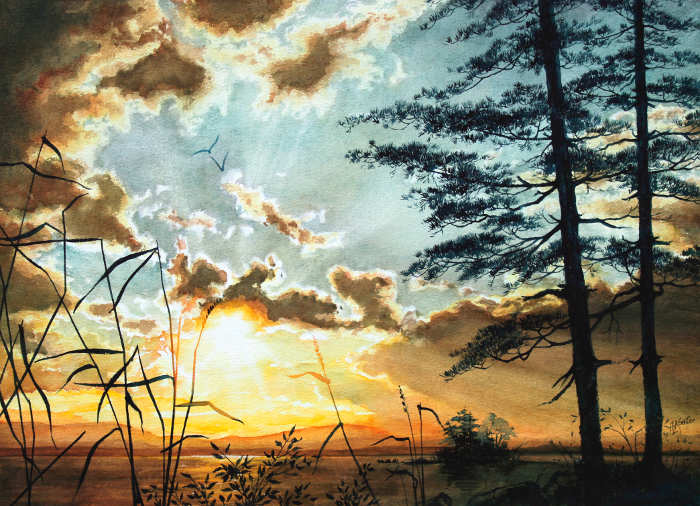 lake sunset landscape painting