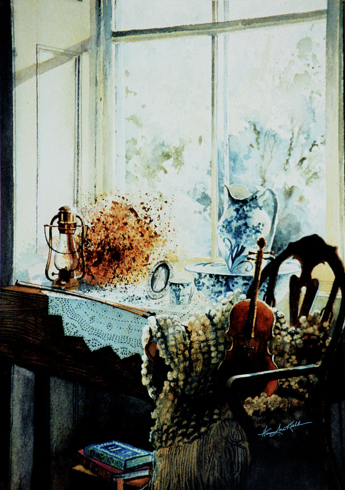 still life painting of objects on window sill