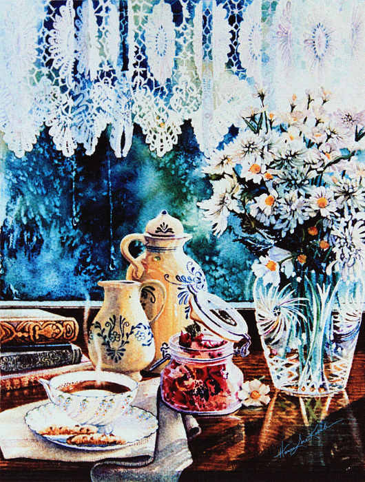 still life painting of objects on window sill