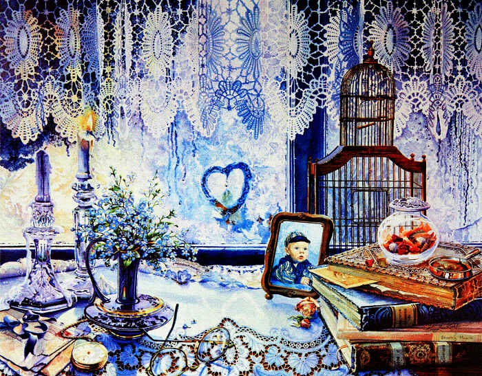 still life painting of objects with lace curtain