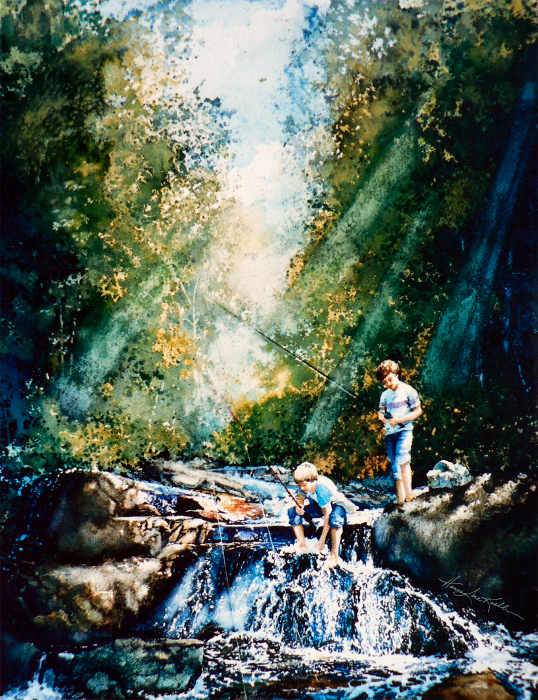 painting of boys fishing