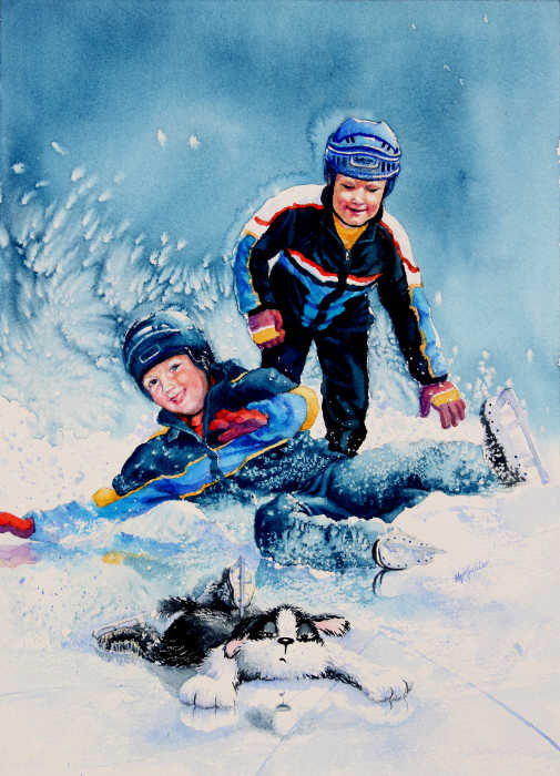 children skating with dog