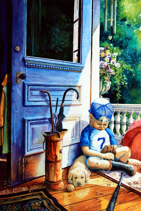 painting of boy playing baseball