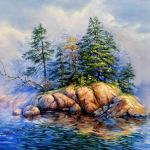 Misty Rock Island Sunrise Painting