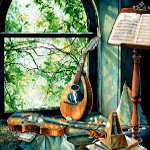 still life painting of violin and mandolin in attic