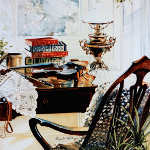 still life painting of violin on farmhouse window sill