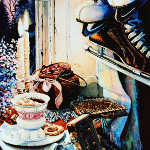 still life painting of ice skates, diary and guitar