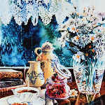 lace curtain and still life objects on window sill