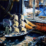 model tall ship overlooking east coast fishing village