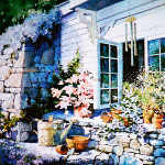still life painting of clay pots on garden wall