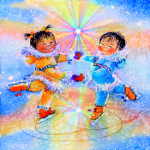 skating eskimo chldren holding hands
