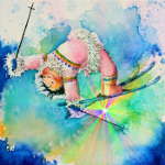 painting of skier and aurora borealis